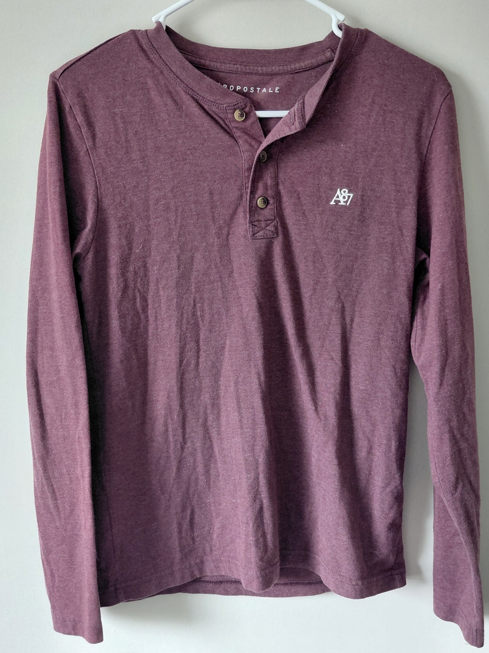 Aeropostale Men's Plum Henley Long Sleeve Shirt